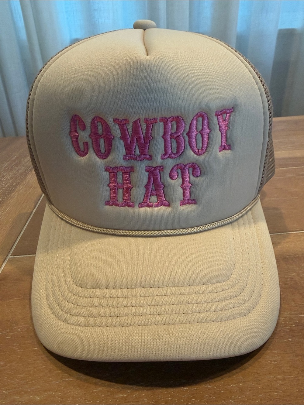 Beige Trucker Hat with "Cowboy Hat" Embroidery